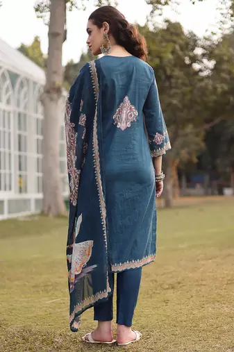 teal blue pure cotton pakistani straight kurta dupatta pant set