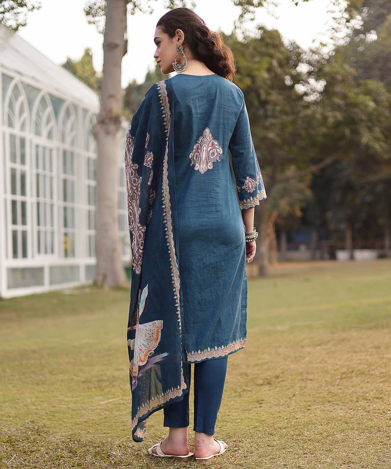 teal blue pure cotton pakistani straight kurta dupatta pant set