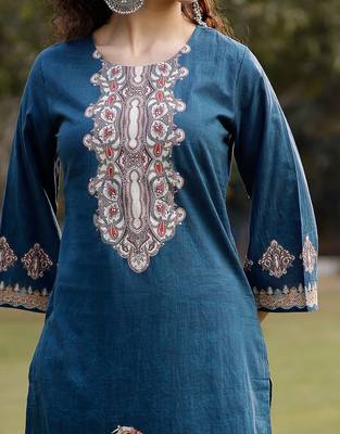 teal blue pure cotton pakistani straight kurta dupatta pant set 4