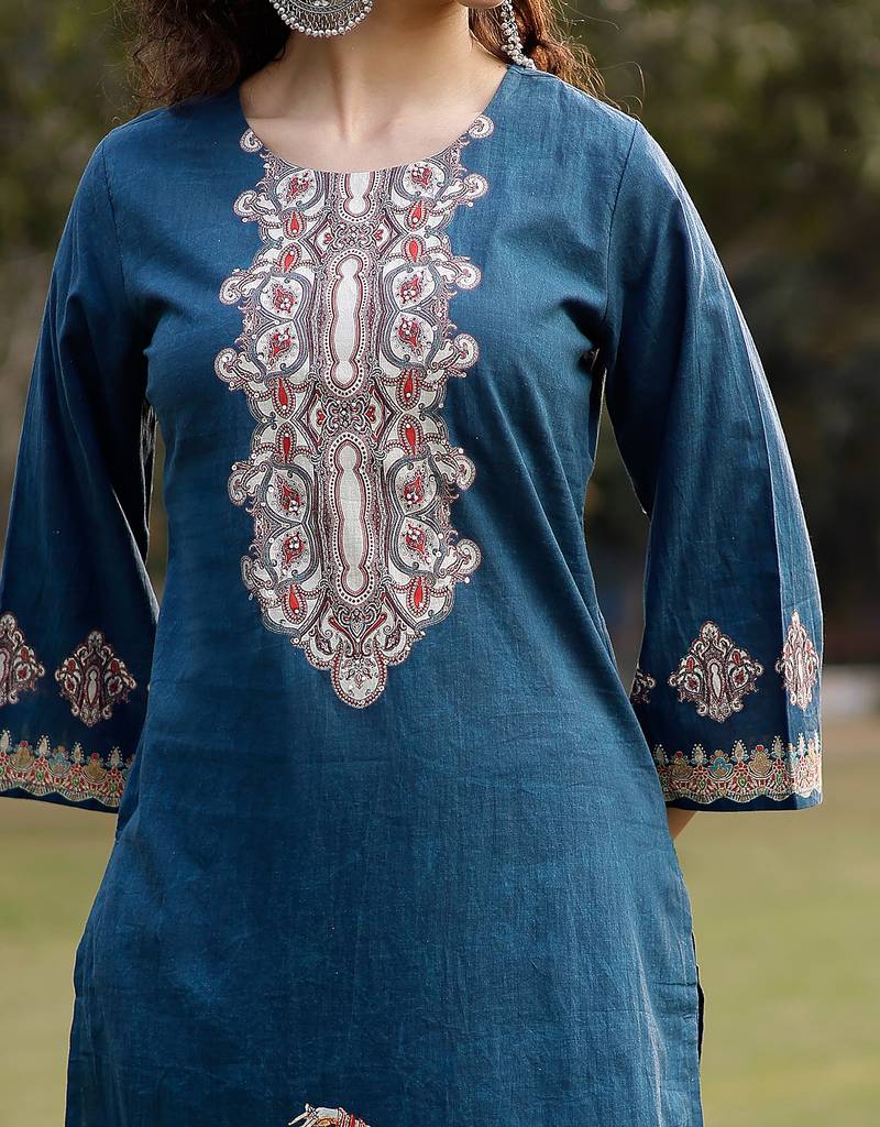 teal blue pure cotton pakistani straight kurta dupatta pant set