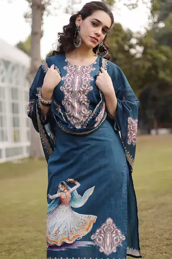 teal blue pure cotton pakistani straight kurta dupatta pant set