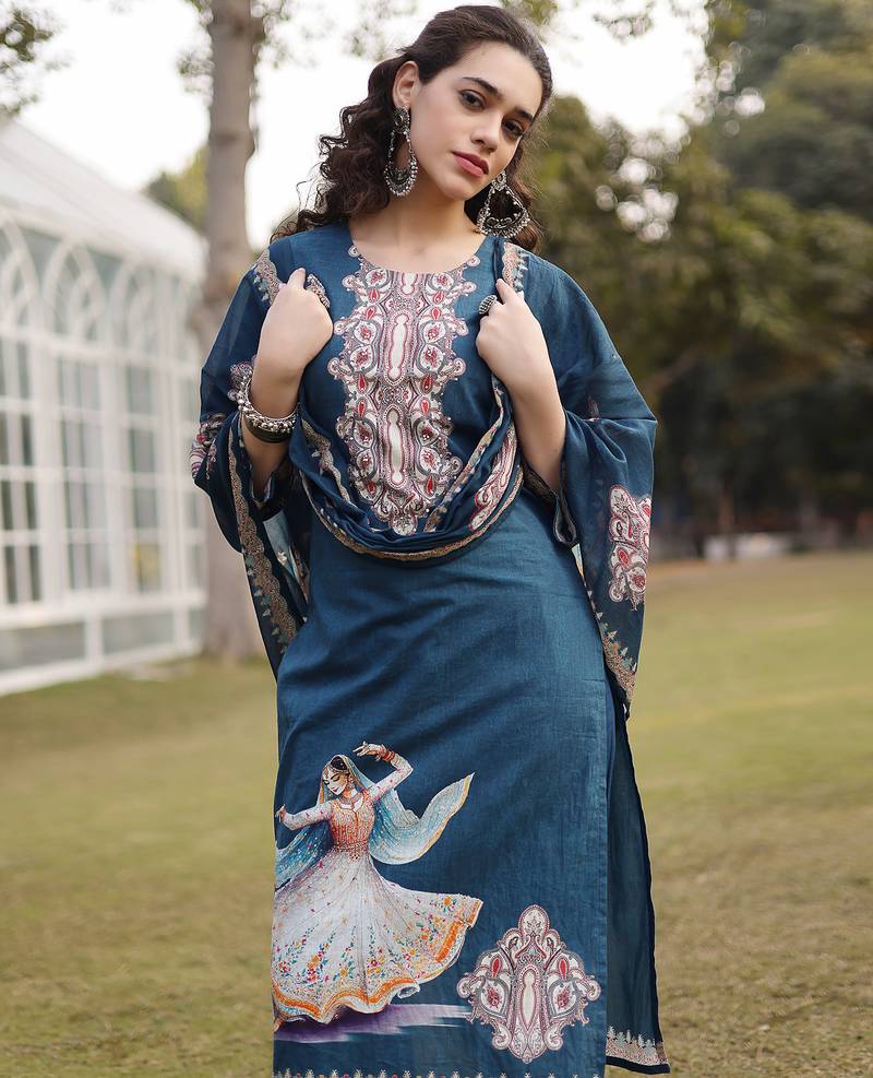 teal blue pure cotton pakistani straight kurta dupatta pant set