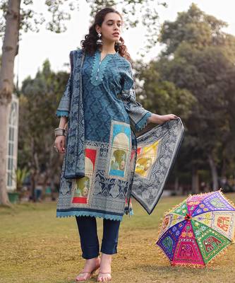 teal blue pure cotton lace work pakistani straight kurta dupatta pant set 1