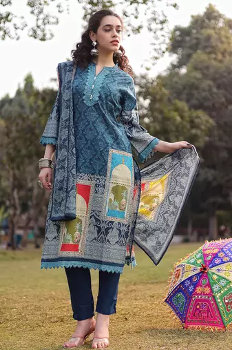 teal blue pure cotton lace work pakistani straight kurta dupatta pant set