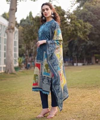 teal blue pure cotton lace work pakistani straight kurta dupatta pant set 2