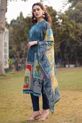 teal blue pure cotton lace work pakistani straight kurta dupatta pant set