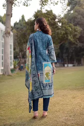 teal blue pure cotton lace work pakistani straight kurta dupatta pant set