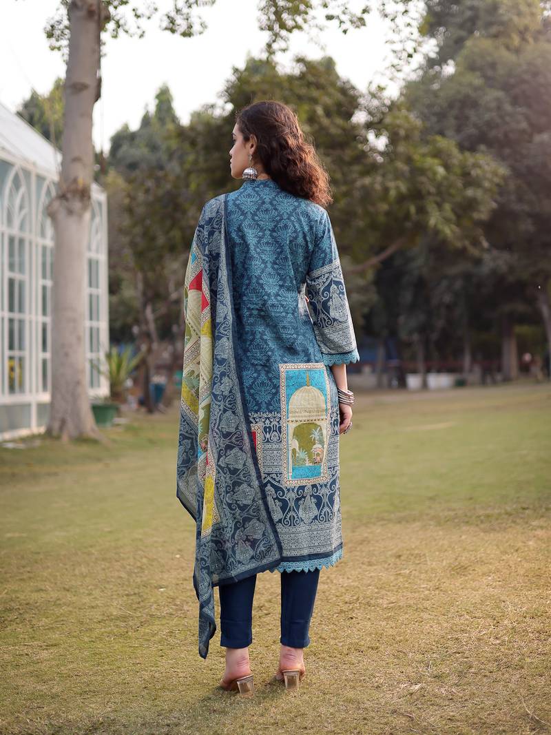 teal blue pure cotton lace work pakistani straight kurta dupatta pant set