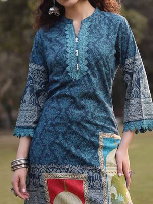 teal blue pure cotton lace work pakistani straight kurta dupatta pant set 4