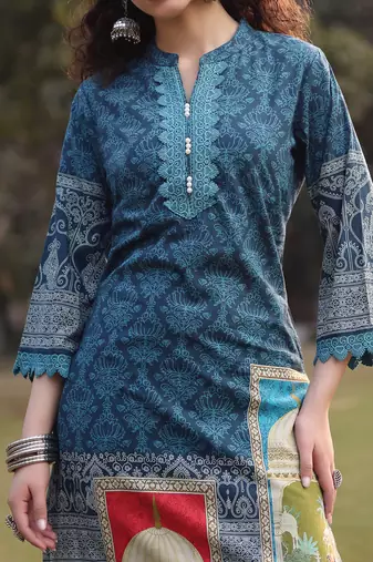 teal blue pure cotton lace work pakistani straight kurta dupatta pant set