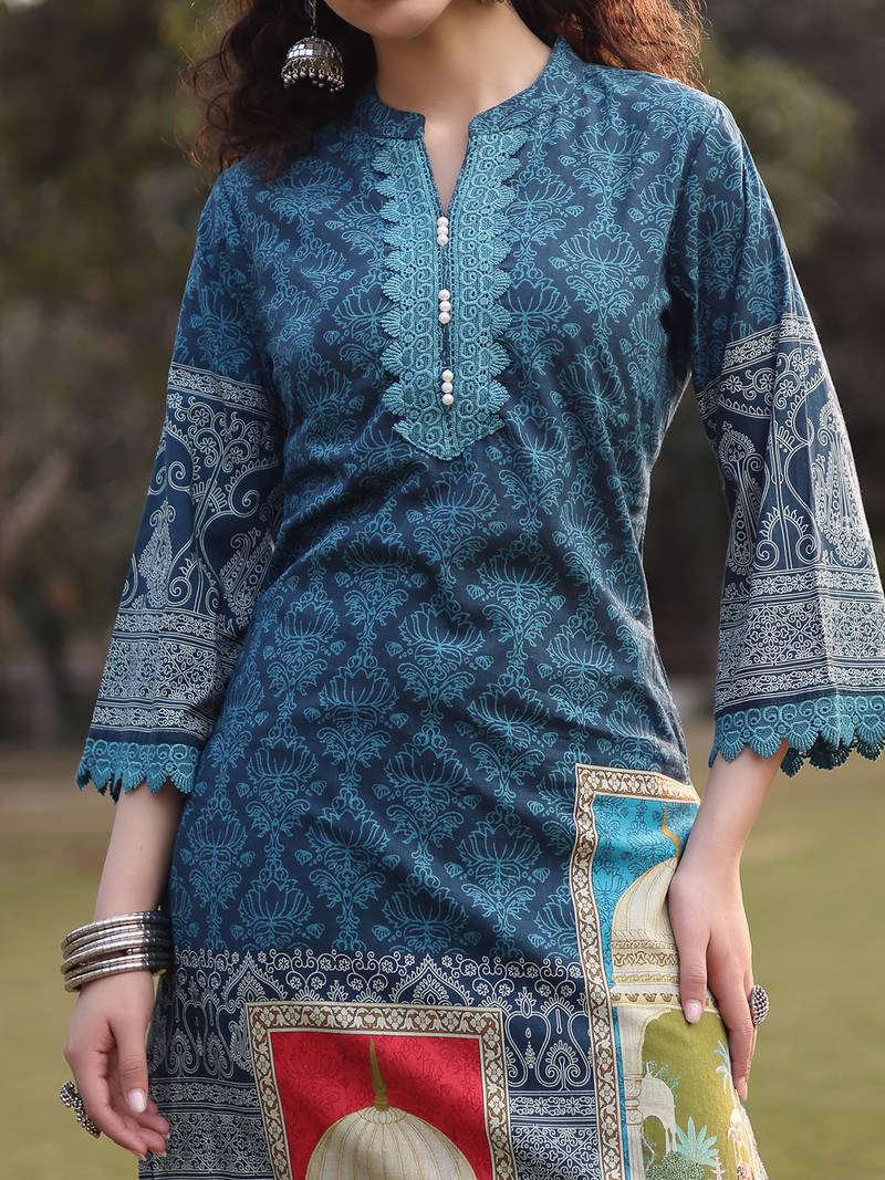teal blue pure cotton lace work pakistani straight kurta dupatta pant set