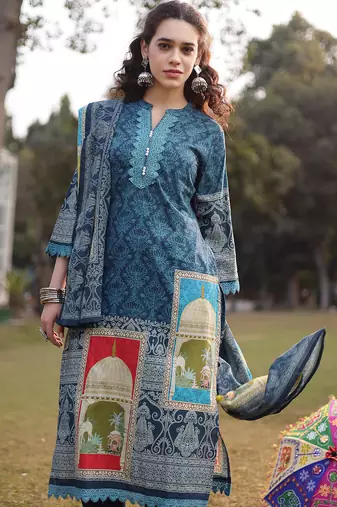 teal blue pure cotton lace work pakistani straight kurta dupatta pant set