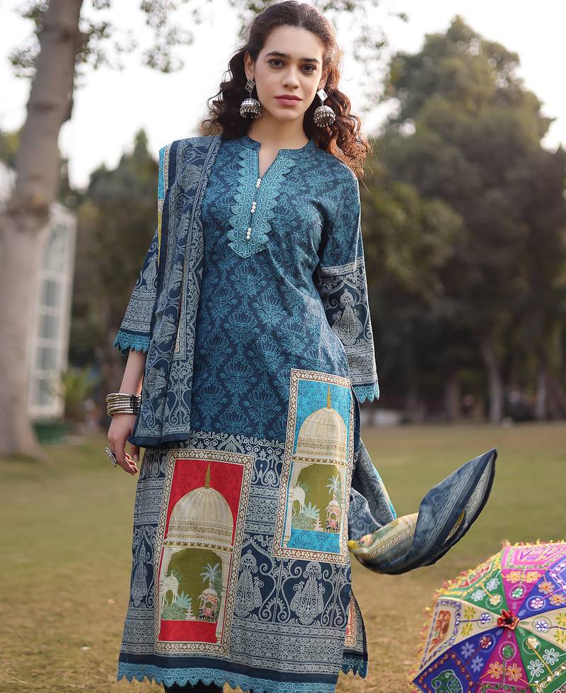 teal blue pure cotton lace work pakistani straight kurta dupatta pant set