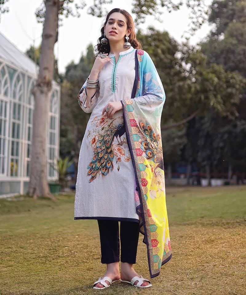 white pure cotton ethnic motifs pakistani style kurta trouser dupatta set