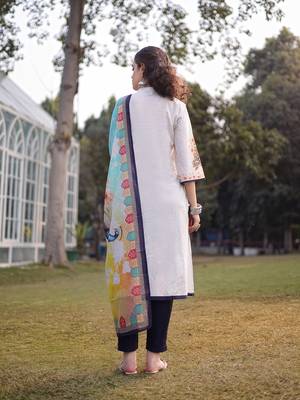 white pure cotton ethnic motifs pakistani style kurta trouser dupatta set 3
