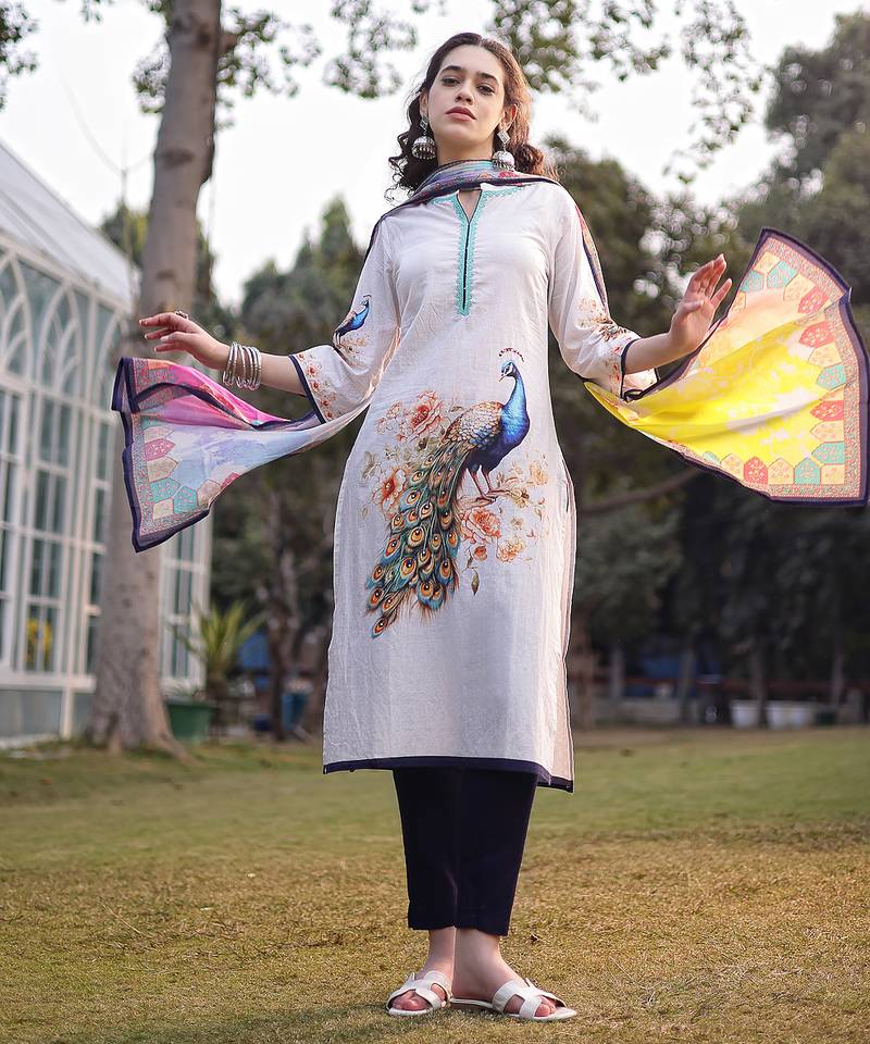 white pure cotton ethnic motifs pakistani style kurta trouser dupatta set