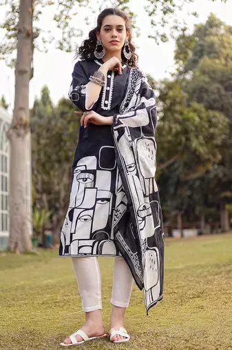 black pure cotton ethnic motifs pakistani style kurta trouser dupatta set