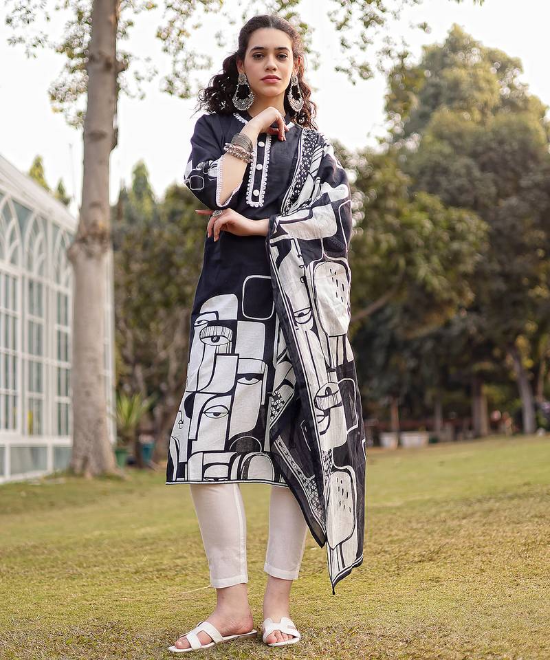 black pure cotton ethnic motifs pakistani style kurta trouser dupatta set