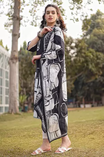 black pure cotton ethnic motifs pakistani style kurta trouser dupatta set