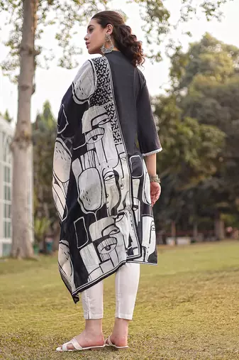 black pure cotton ethnic motifs pakistani style kurta trouser dupatta set