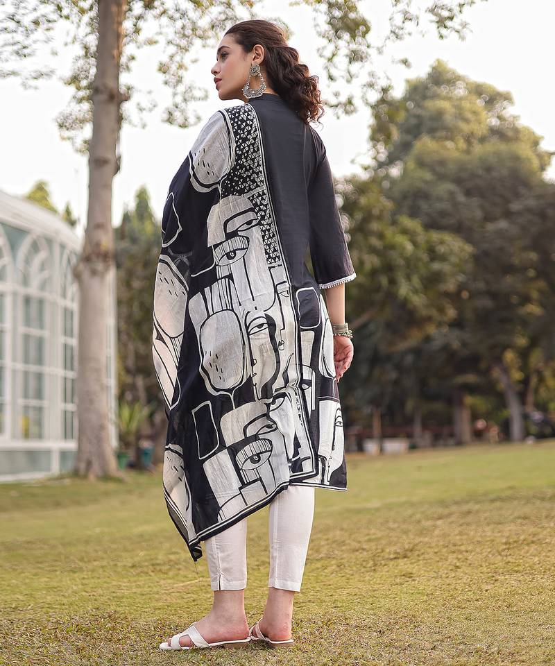 black pure cotton ethnic motifs pakistani style kurta trouser dupatta set