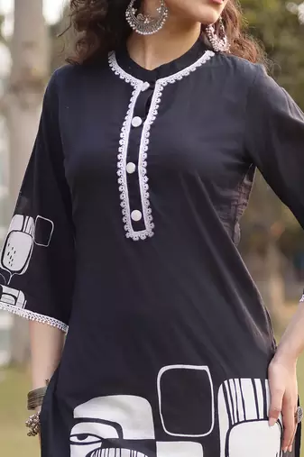 black pure cotton ethnic motifs pakistani style kurta trouser dupatta set
