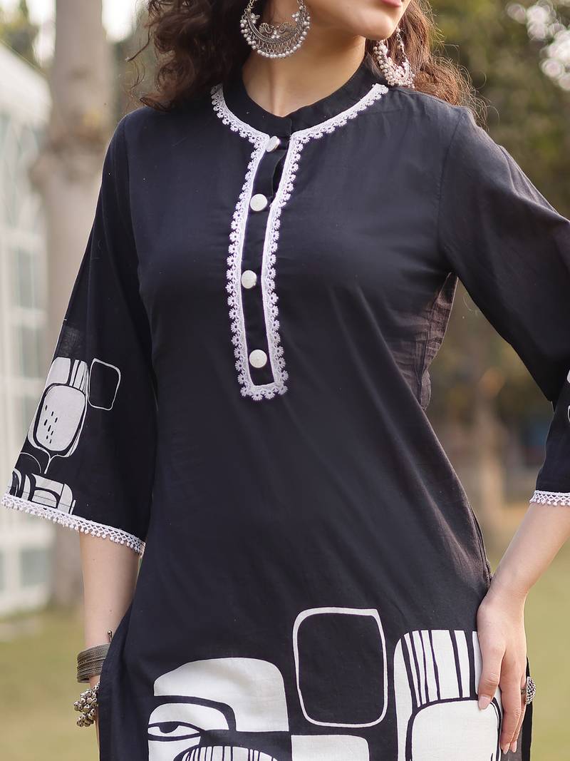 black pure cotton ethnic motifs pakistani style kurta trouser dupatta set