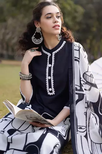 black pure cotton ethnic motifs pakistani style kurta trouser dupatta set