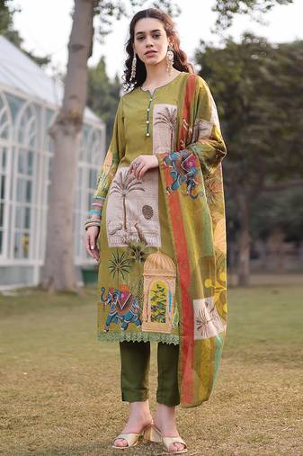 green pure cotton sequins work piping pakistani style kurta trouser dupatta set