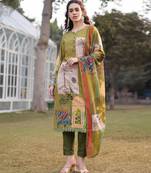 green pure cotton sequins work piping pakistani style kurta trouser dupatta set
