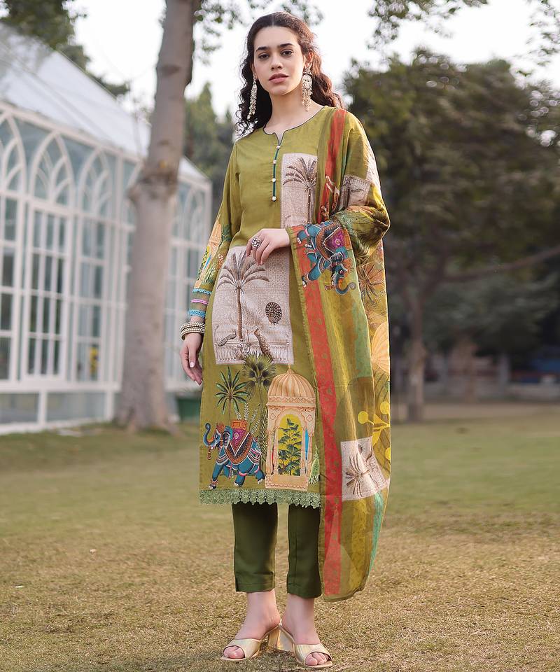 green pure cotton sequins work piping pakistani style kurta trouser dupatta set