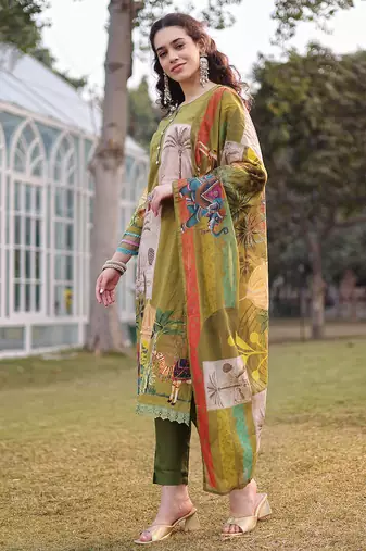 green pure cotton sequins work piping pakistani style kurta trouser dupatta set