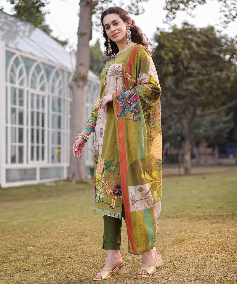 green pure cotton sequins work piping pakistani style kurta trouser dupatta set