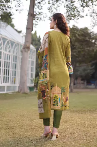 green pure cotton sequins work piping pakistani style kurta trouser dupatta set