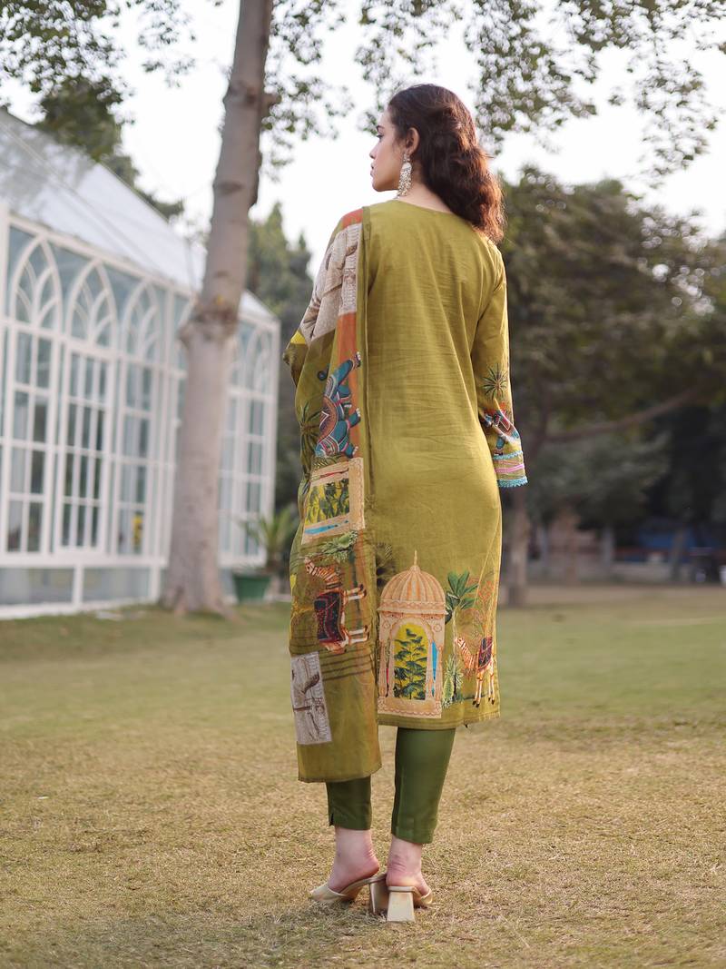 green pure cotton sequins work piping pakistani style kurta trouser dupatta set