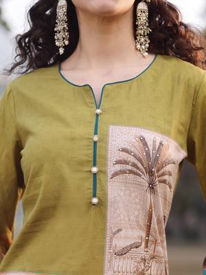 green pure cotton sequins work piping pakistani style kurta trouser dupatta set 4