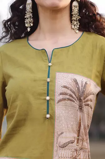 green pure cotton sequins work piping pakistani style kurta trouser dupatta set