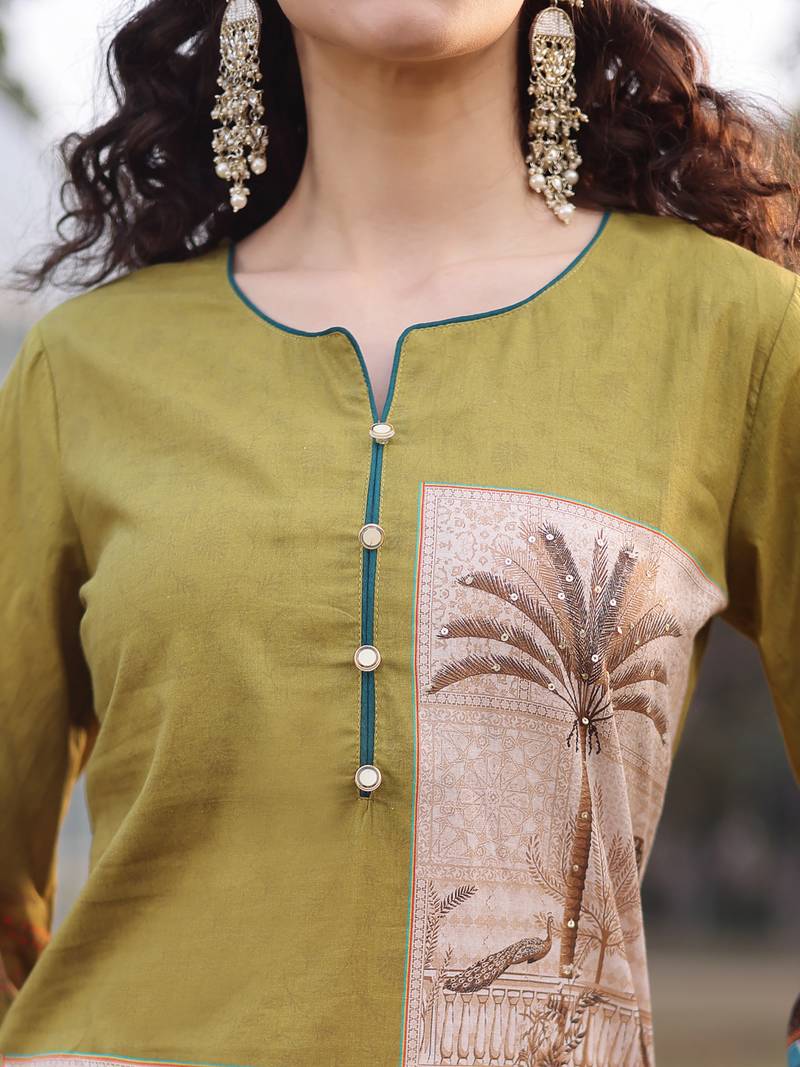 green pure cotton sequins work piping pakistani style kurta trouser dupatta set