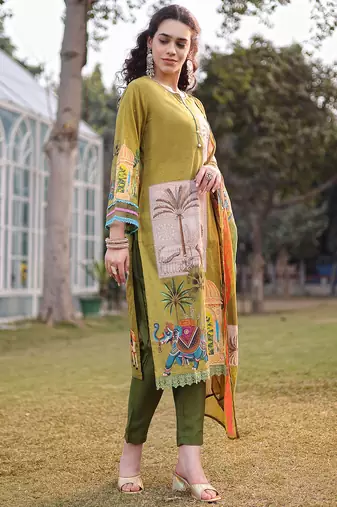 green pure cotton sequins work piping pakistani style kurta trouser dupatta set