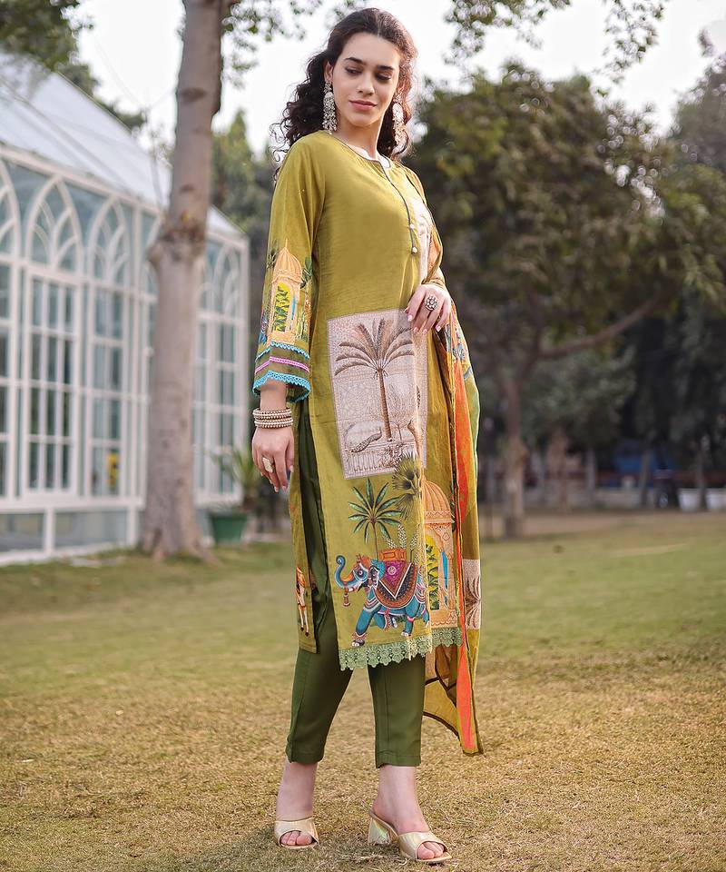green pure cotton sequins work piping pakistani style kurta trouser dupatta set