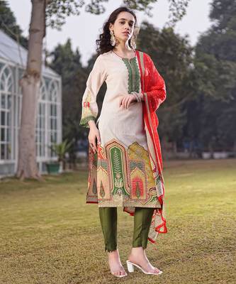 cream cotton pakistani straight kurta trouser dupatta set 1