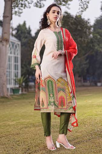 cream cotton pakistani straight kurta trouser dupatta set