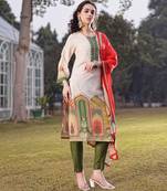 cream cotton pakistani straight kurta trouser dupatta set
