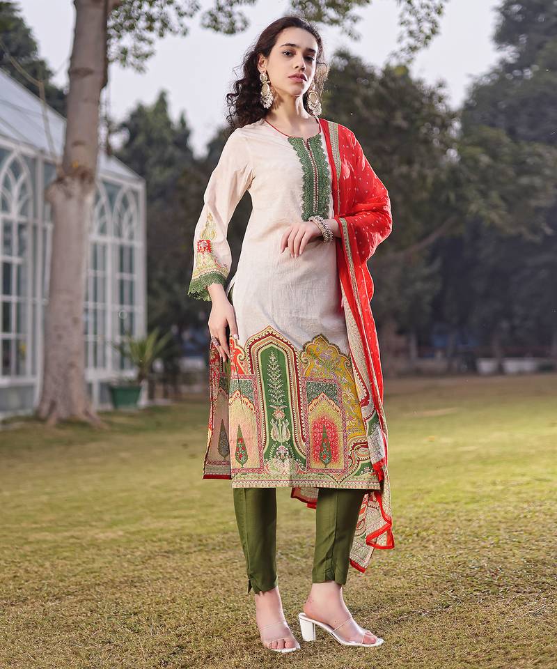 cream cotton pakistani straight kurta trouser dupatta set