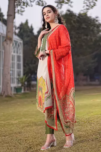 cream cotton pakistani straight kurta trouser dupatta set