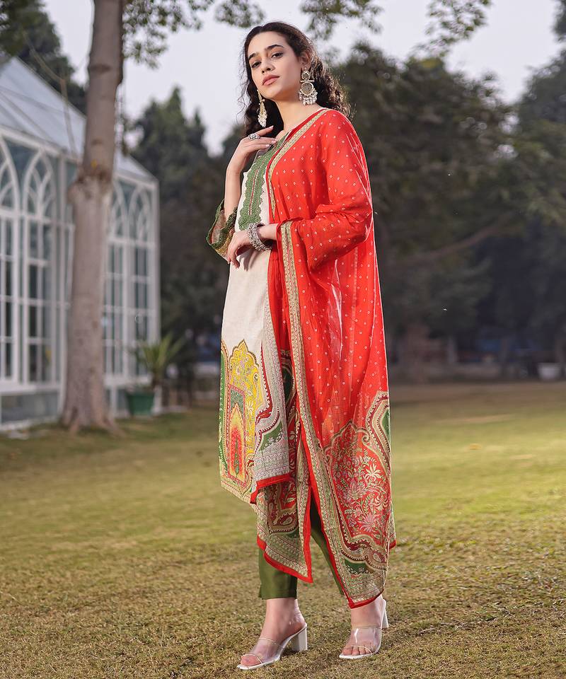 cream cotton pakistani straight kurta trouser dupatta set