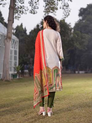 cream cotton pakistani straight kurta trouser dupatta set 3