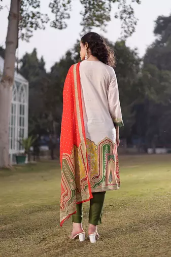 cream cotton pakistani straight kurta trouser dupatta set