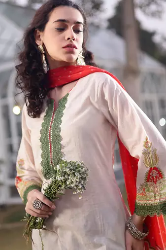 cream cotton pakistani straight kurta trouser dupatta set