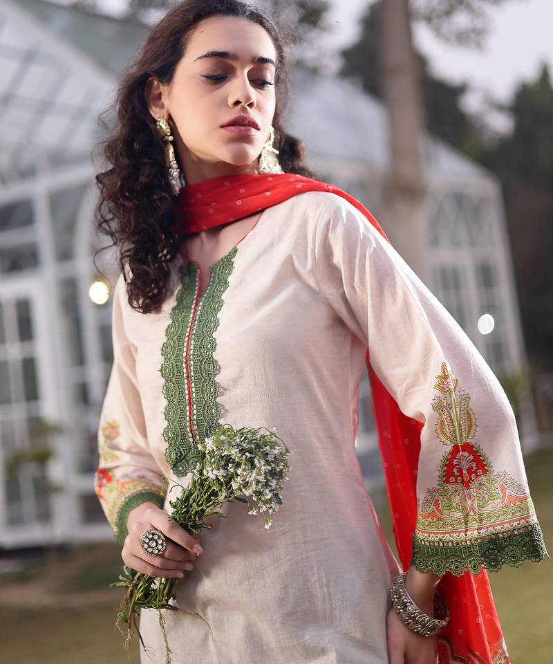 cream cotton pakistani straight kurta trouser dupatta set